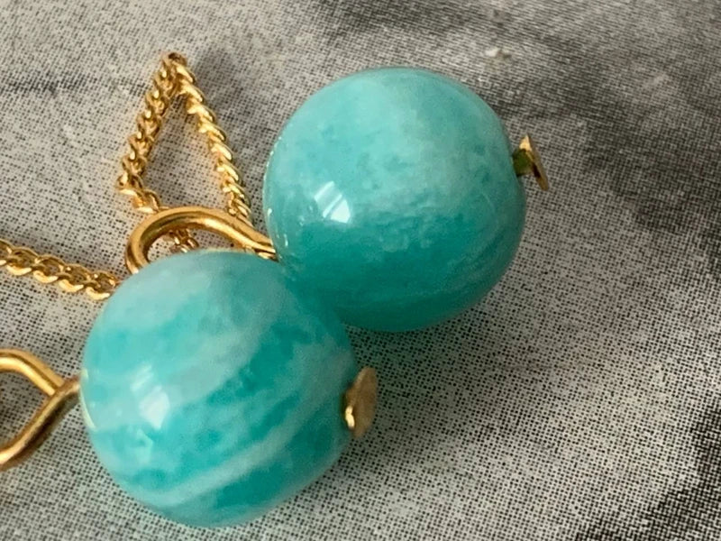 Orecchini pendenti lunghi con catena oro e amazzonite naturale 8mm