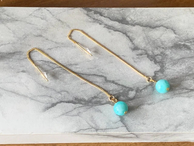 Orecchini pendenti lunghi con catena oro e amazzonite naturale 8mm