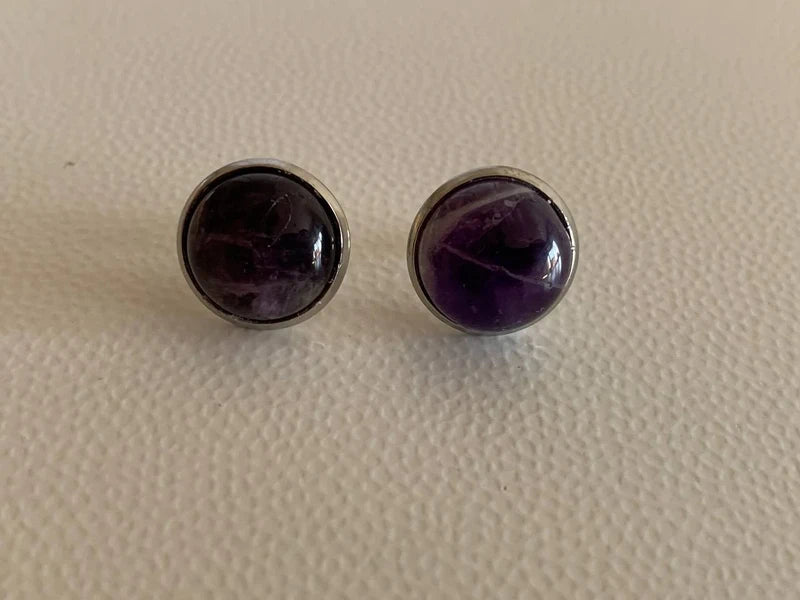 Orecchini a bottone in acciaio inox con cabochon da 12 mm in pietre naturali