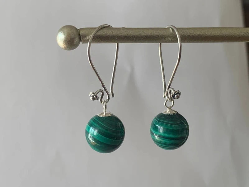Orecchini pendenti Malachite 10mm in argento 925 | Galvanica argento antico