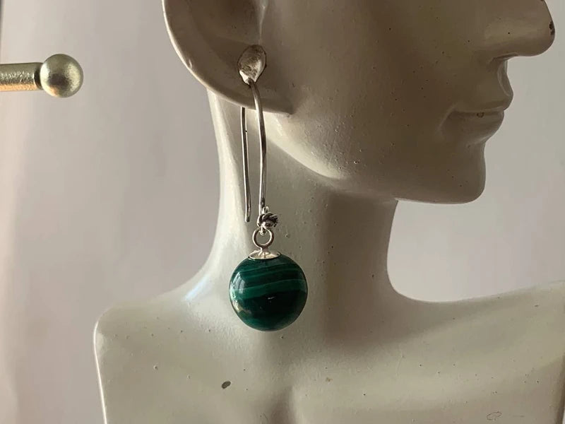 Orecchini pendenti Malachite 10mm in argento 925 | Galvanica argento antico