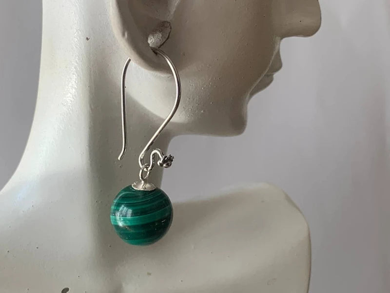 Orecchini pendenti Malachite 10mm in argento 925 | Galvanica argento antico