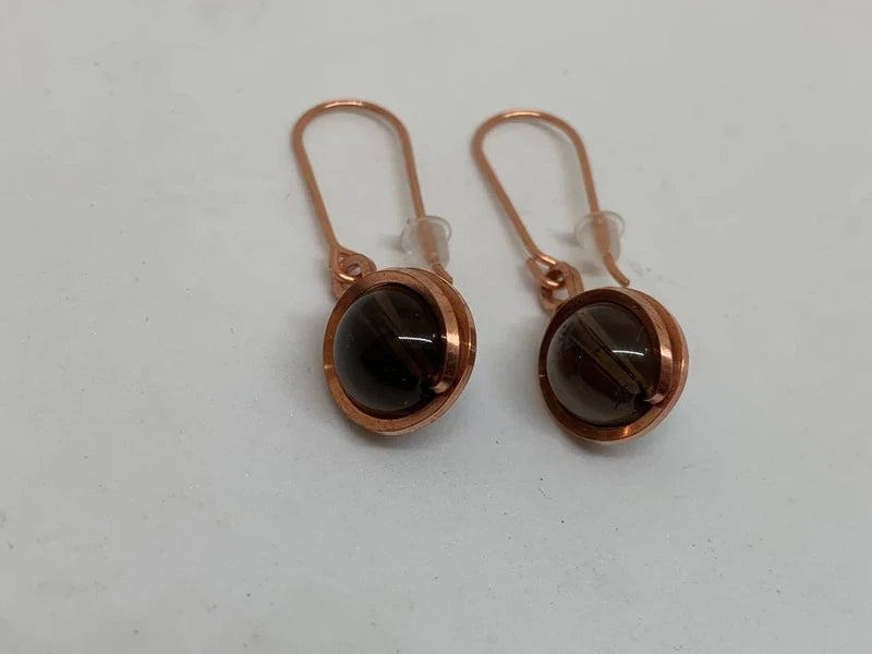 Orecchini artigianali in Quarzo Fumé 10 mm avvolti a mano in rame puro