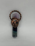Ciondolo fluorite e ametista in rame elettroformato con patina scura