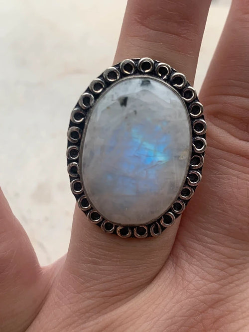 Anello artigianale con Pietra di Luna cangiante in ottone placcato argento 925 Tg. 12