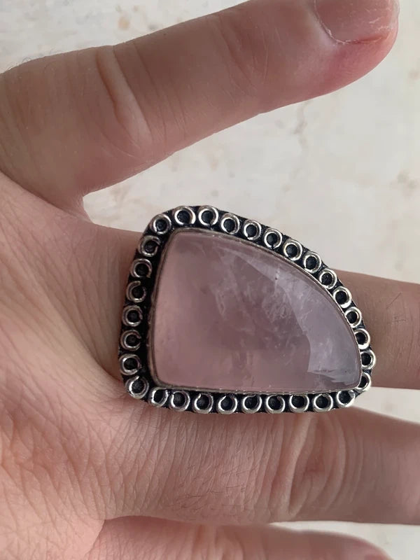 Anello artigianale con Quarzo Rosa naturale in ottone placcato argento 925 Tg. 15