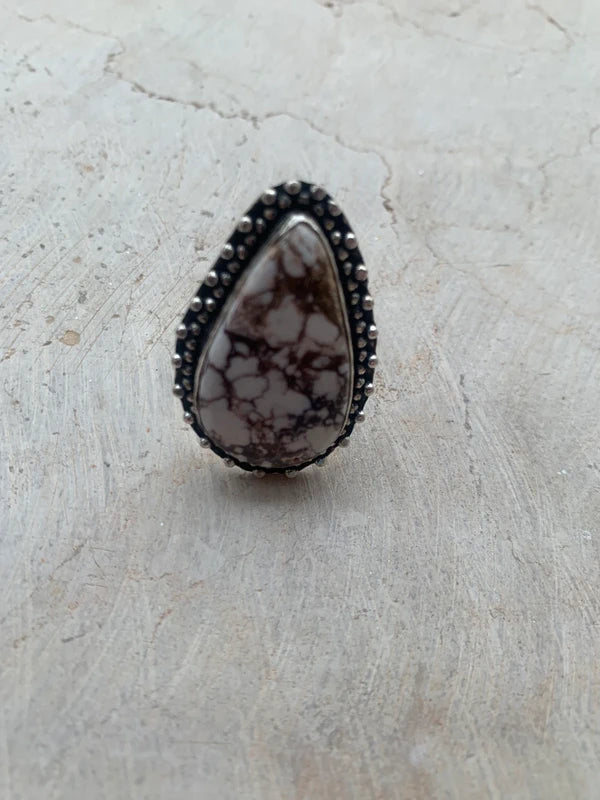 Anello artigianale con Diaspro naturale a goccia in ottone placcato argento 925 Tg. 22