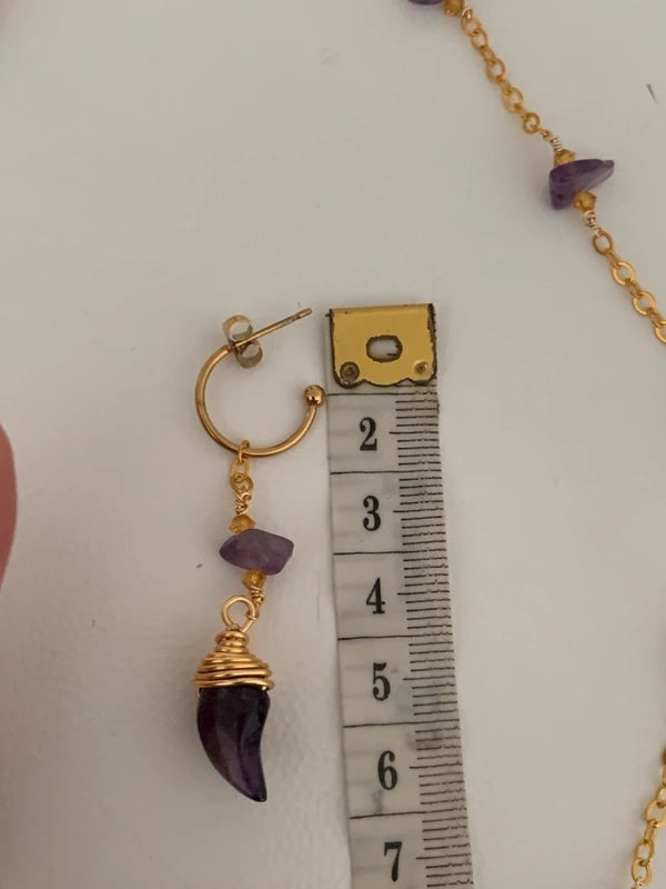 Parure artigianale in rame dorato con ametista naturale – Collana e orecchini
