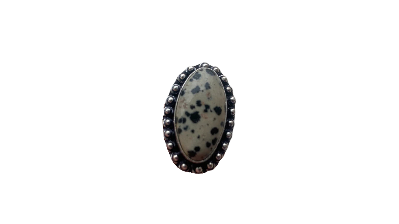 Anello artigianale con Diaspro Dalmata ovale in ottone placcato argento 925 Tg. 15