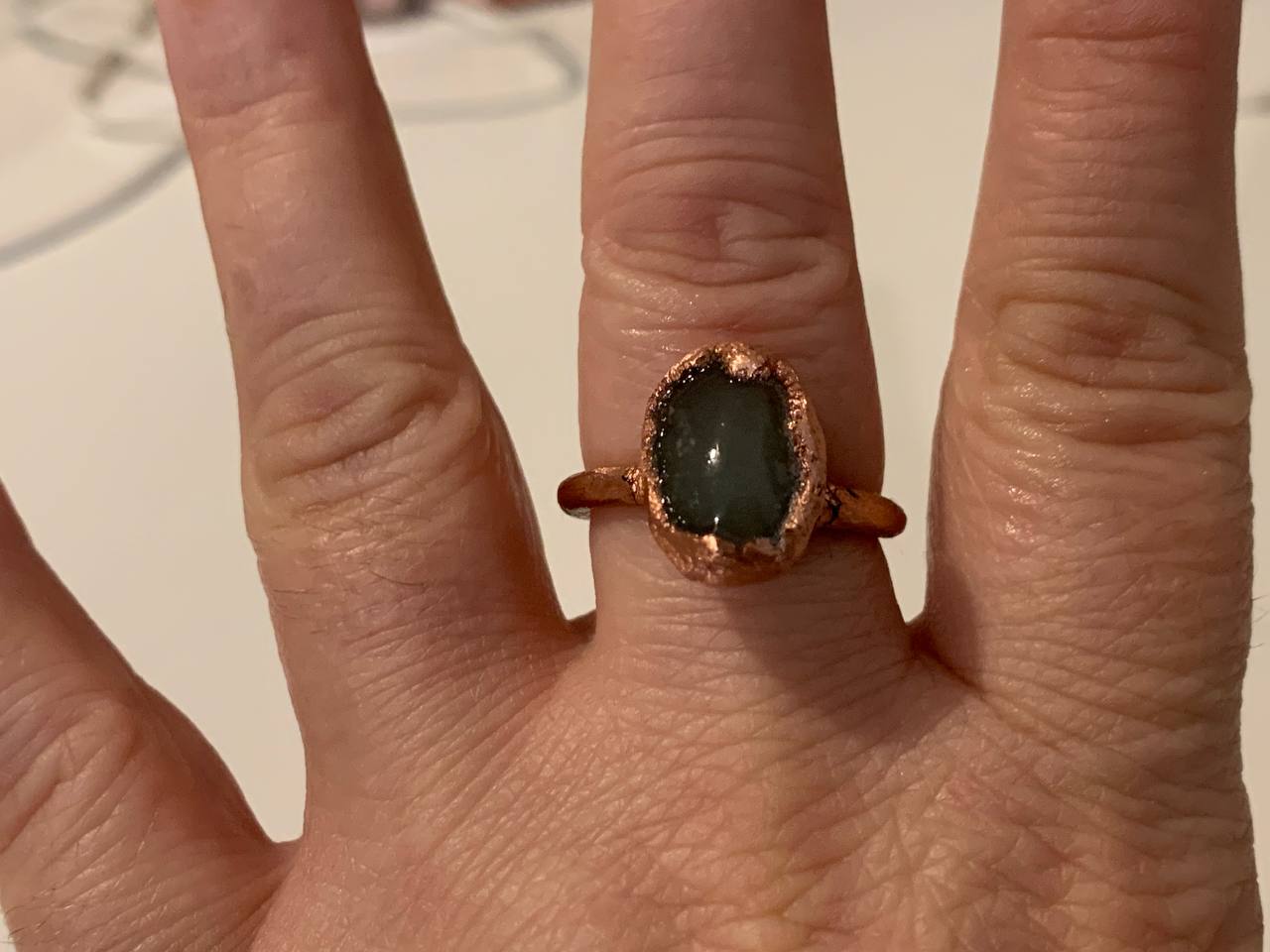 Anello Artigianale in Rame Elettroformato con Avventurina Verde - Fatto a Mano